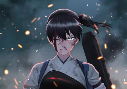 HD PC desktop wallpaper of Kaga (Kancolle/Kantai Collection) — anime portrait of a battle-worn Kaga with dark hair, a scarred face and stern gaze, holding a weapon amid embers and smoky sky.