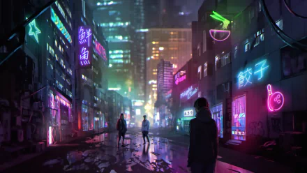 A vibrant cyberpunk cityscape at night with neon signs in Japanese and Chinese, featuring silhouetted figures walking through rain-soaked streets in this HD sci-fi desktop wallpaper.