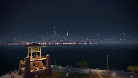 HD desktop wallpaper of San Francisco bay at night from Watch Dogs 2, featuring the illuminated bridge and city skyline reflected on the water.