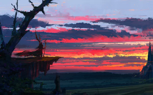 A fantasy landscape at sunset, with dramatic clouds. A figure holding a staff stands on a cliff, overlooking a vast plain and distant structures. This HD wallpaper creates an enchanting scene.