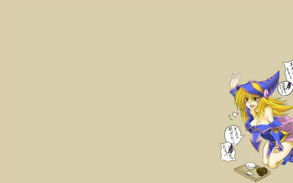 HD PC desktop wallpaper featuring Dark Magician Girl from the anime Yu-Gi-Oh!, shown in vibrant colors with magical and playful elements on a beige background.