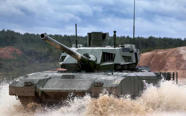 HD PC desktop wallpaper featuring a T-14 Armata military tank driving through shallow water with forest and cloudy sky in the background.