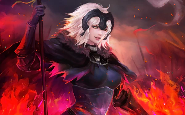 HD PC desktop wallpaper of Jeanne d'Arc from Fate/Grand Order, showcasing her in anime style with a dark armor and fiery background.