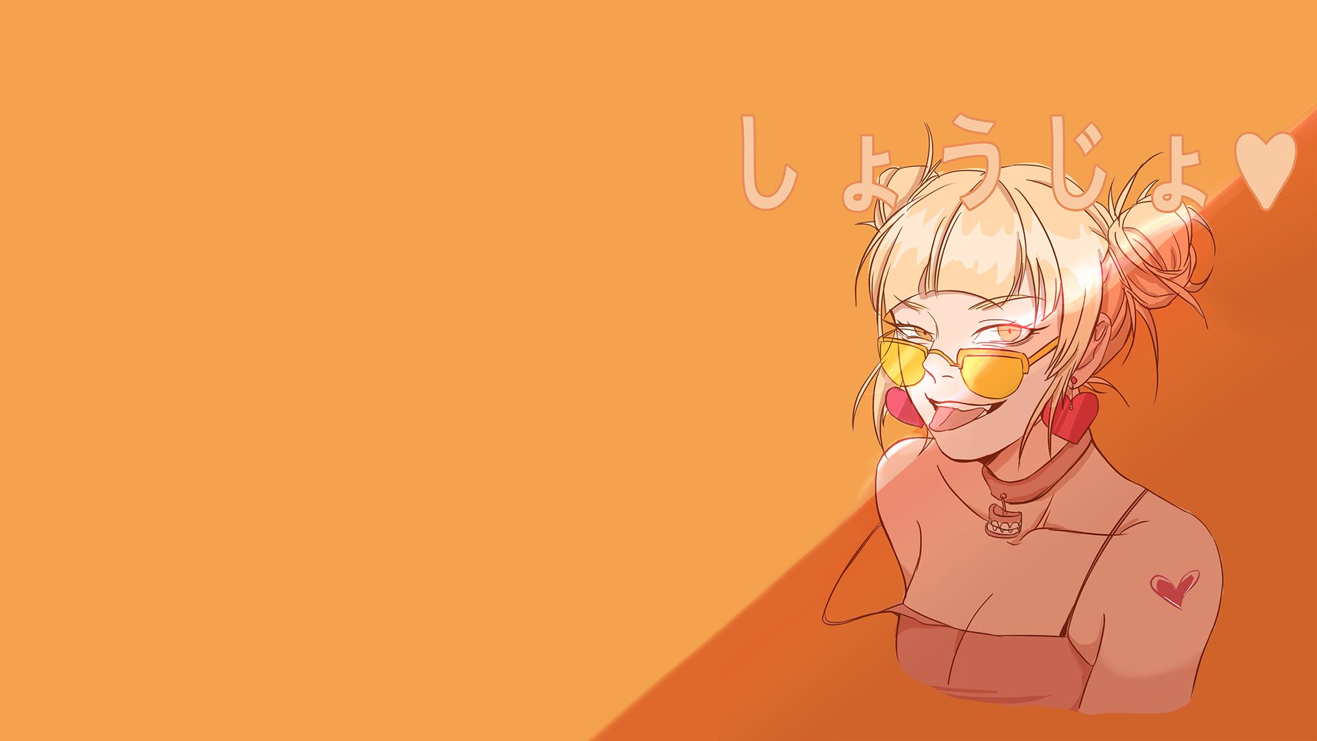 A vibrant HD desktop wallpaper featuring Himiko Toga from My Hero Academia, set against a warm orange background, capturing her playful and mischievous character.