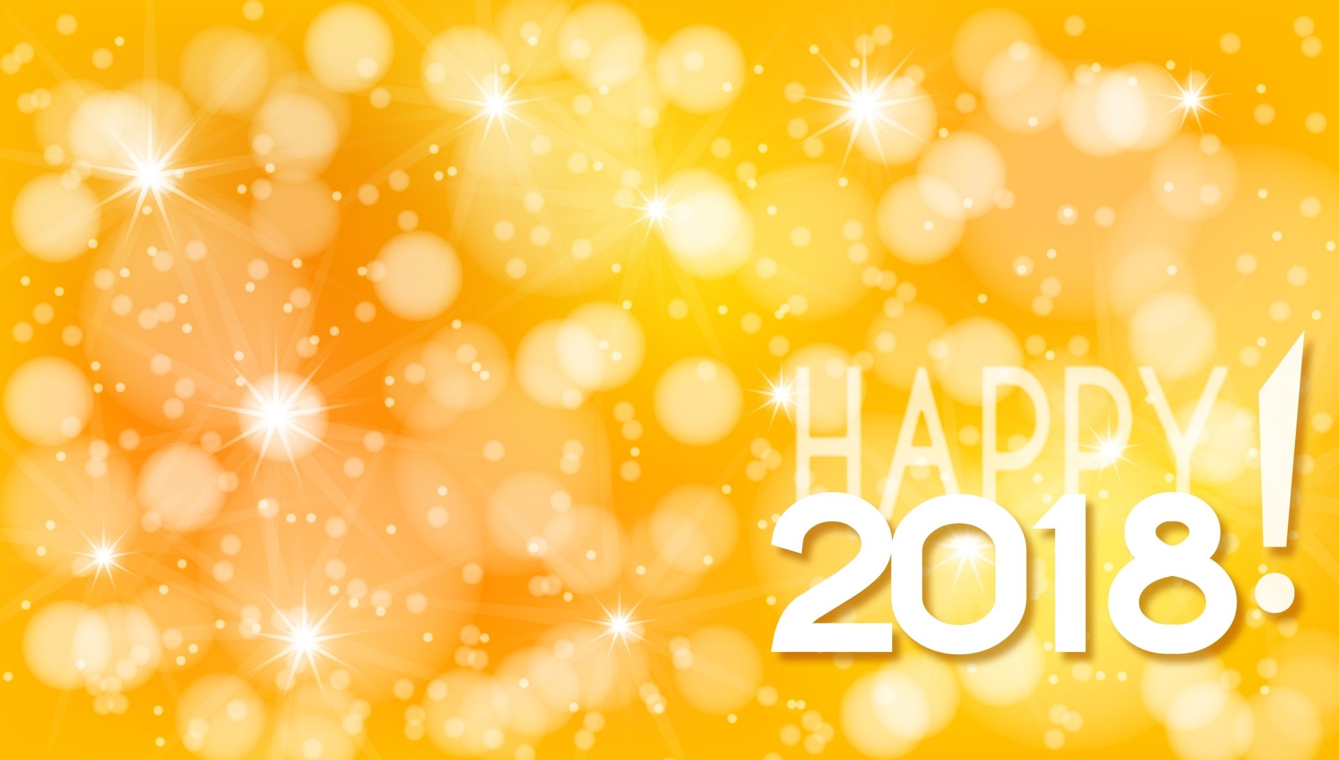 Bright yellow bokeh background with sparkling lights and Happy 2018 text, designed as a 4K Ultra HD New Year holiday desktop wallpaper.