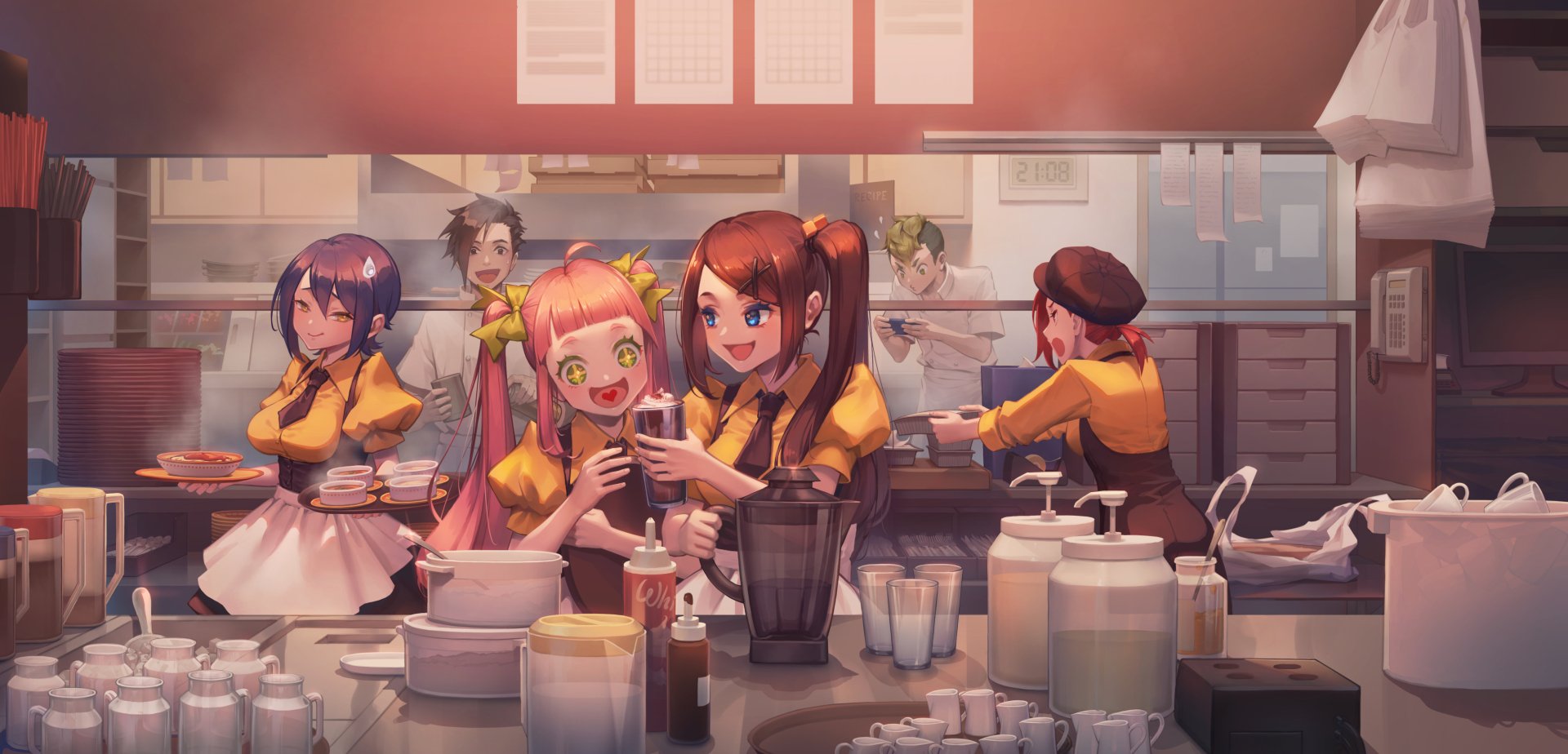 HD anime-style original artwork depicting cheerful characters in a lively café kitchen, designed as a vibrant PC desktop wallpaper background.