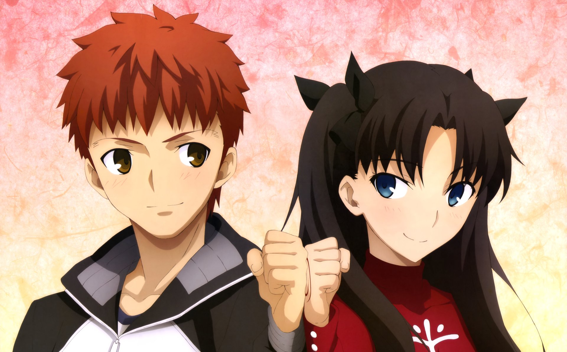 Rin Tohsaka and Shirou Emiya from Fate/Stay Night: Unlimited Blade Works pose confidently against a soft pink background in this 8K Ultra HD anime desktop wallpaper.