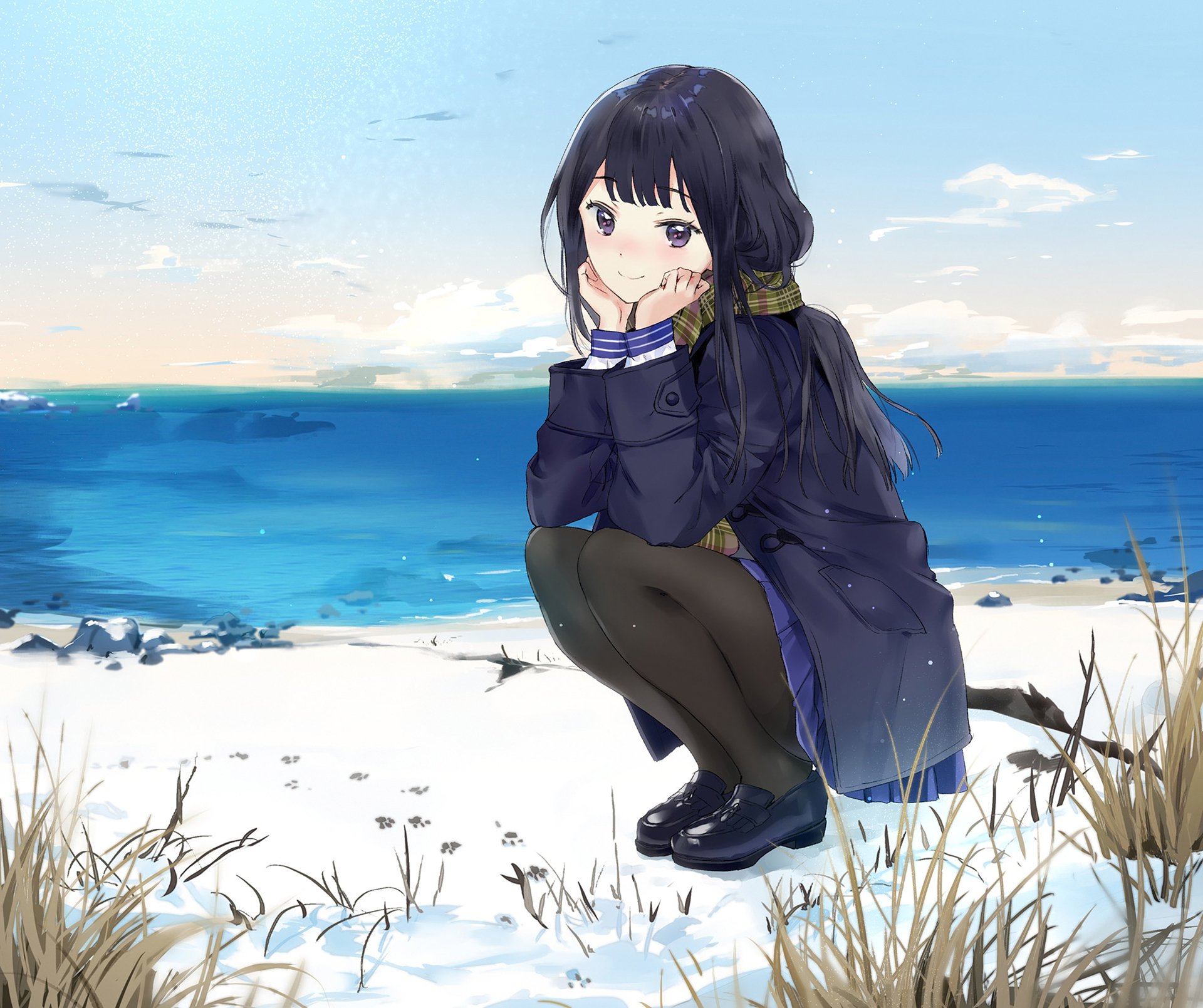 Anime-style original HD desktop wallpaper featuring a girl with long black hair crouching by a snowy shore under a bright, partly cloudy sky.