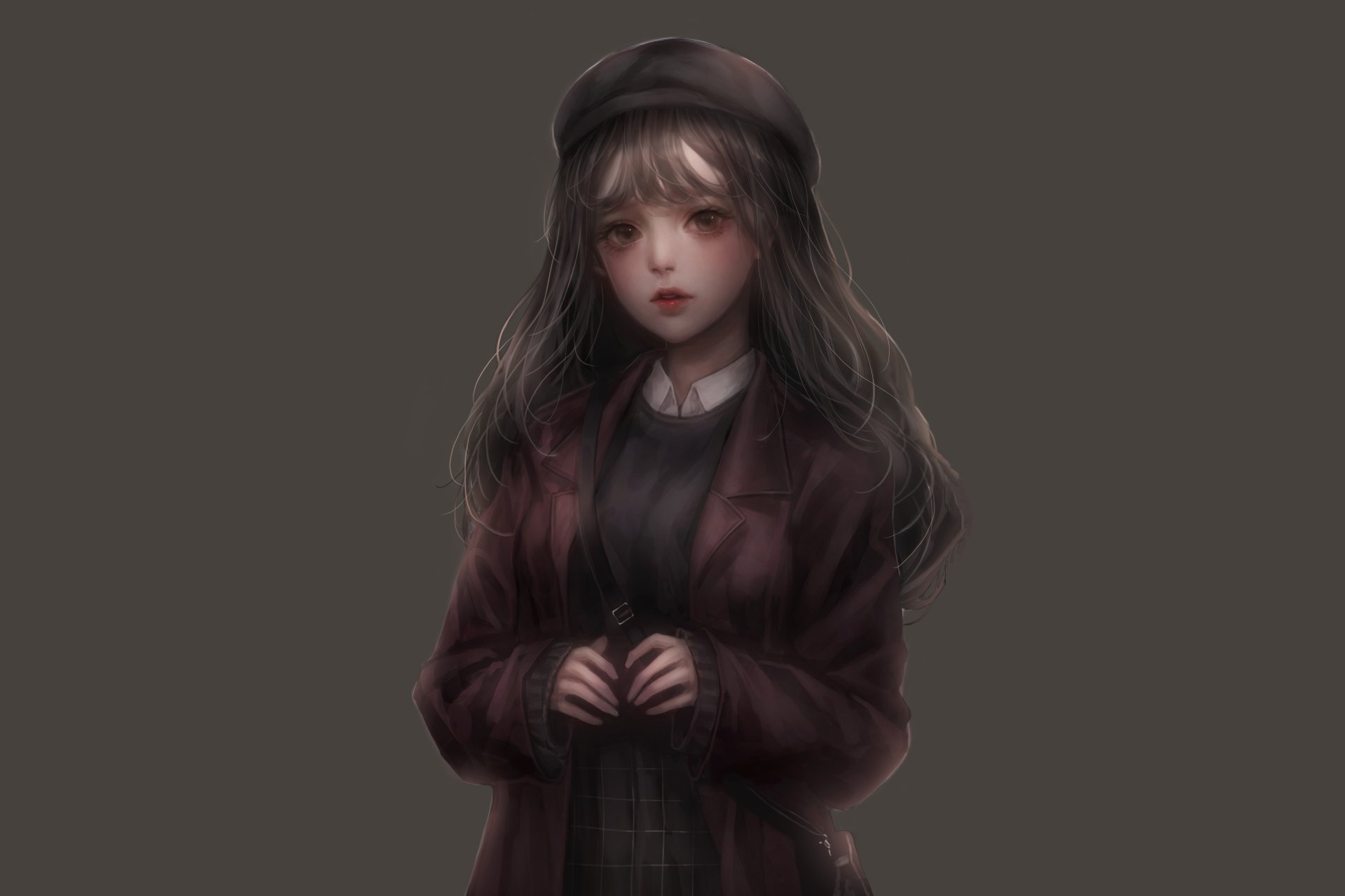 Anime original 5K Ultra HD PC desktop wallpaper: moody portrait of a young woman in a beret and dark coat, long brown hair, soft painterly lighting on a muted gray background.