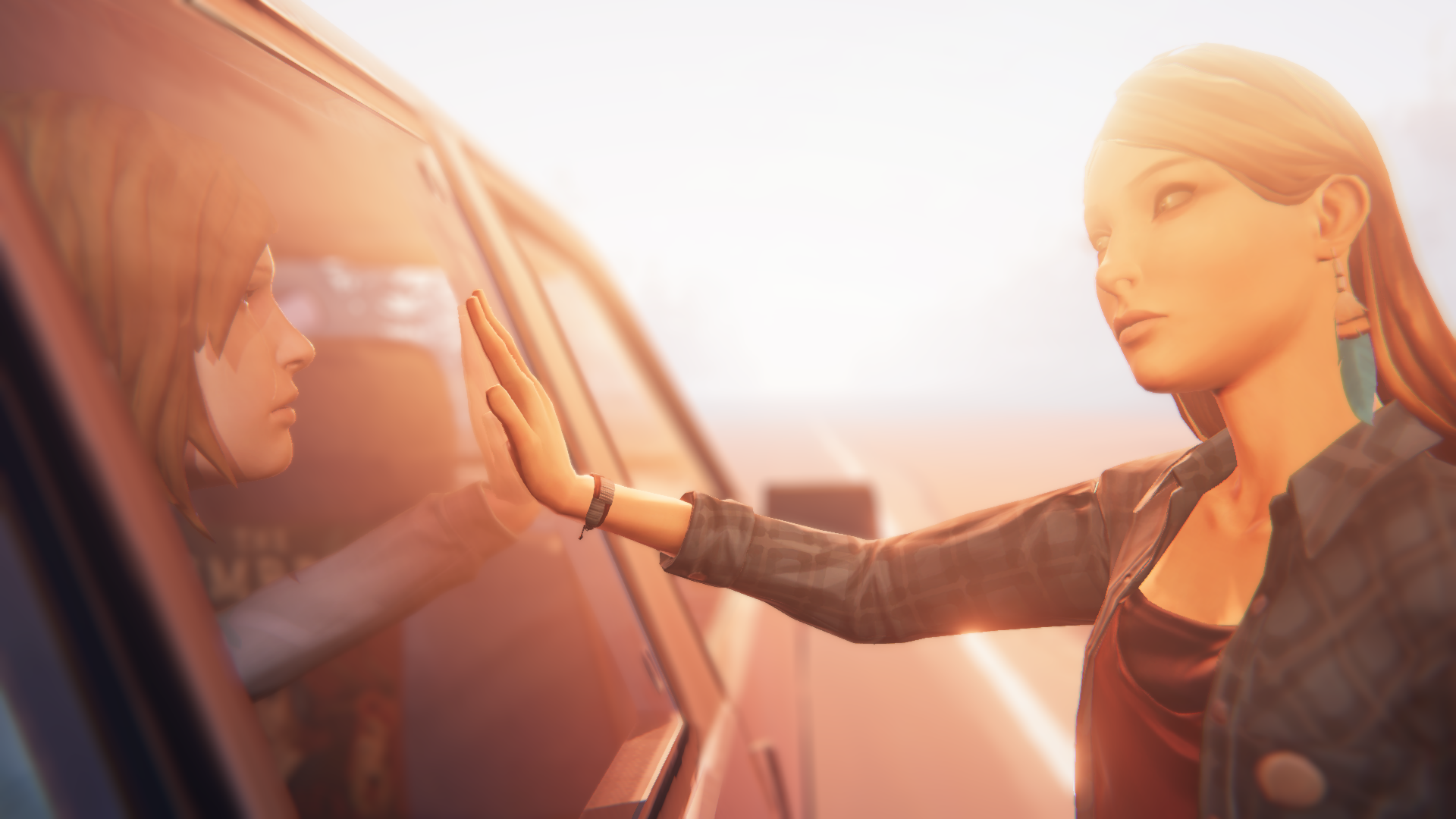 HD desktop wallpaper featuring Chloe Price and Rachel Amber from the video game Life Is Strange: Before The Storm, captured in a dreamlike, warm sunset scene.