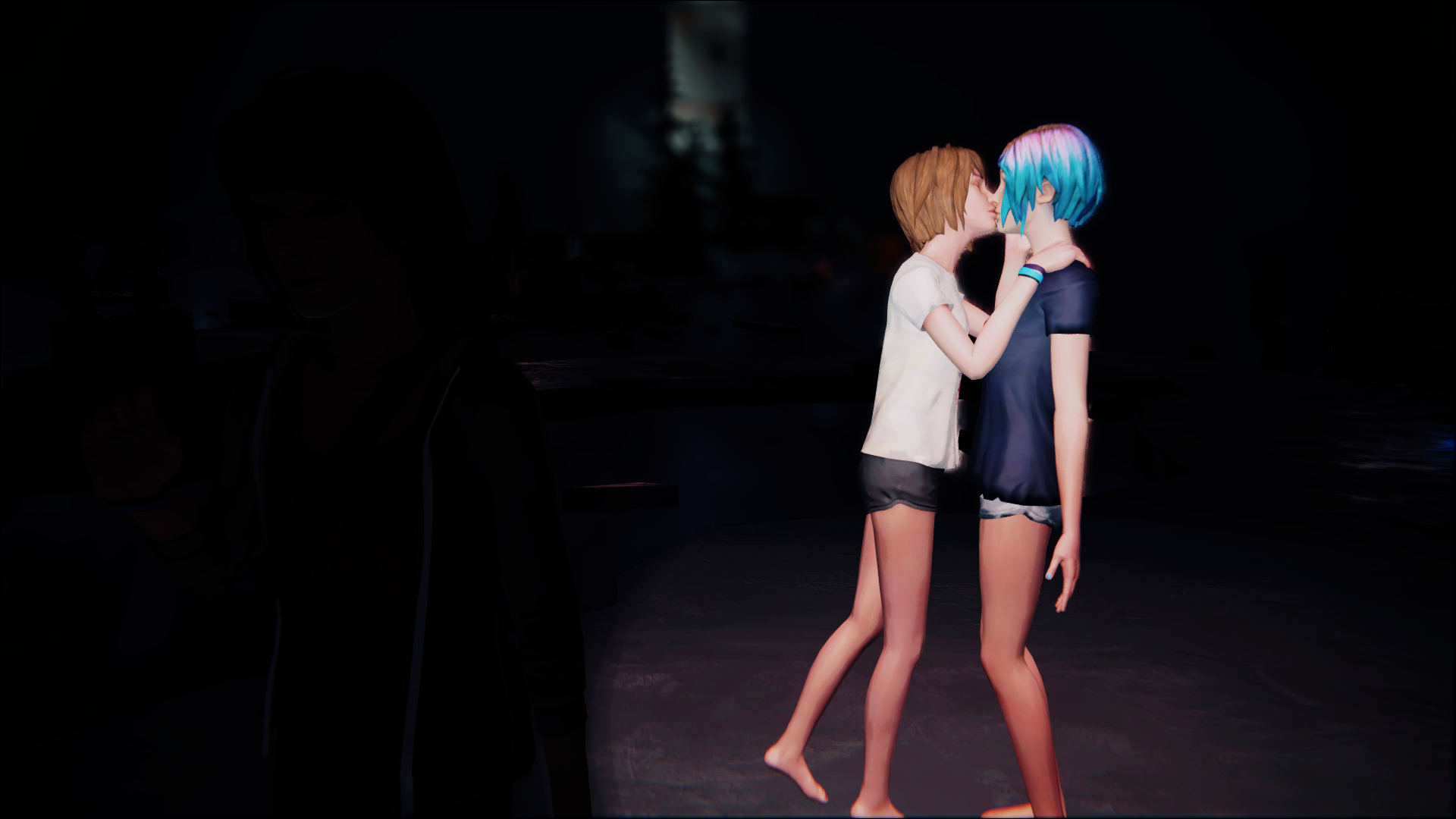 HD PC desktop wallpaper featuring two characters from the video game Life Is Strange sharing an intimate moment in a dark, atmospheric setting.