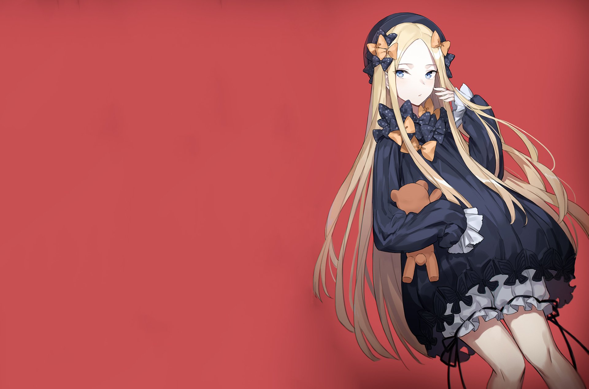 Abigail Williams (Fate/Grand Order) anime portrait: long blonde hair, gothic black dress and ribbons on a solid red background — HD PC desktop wallpaper/background.