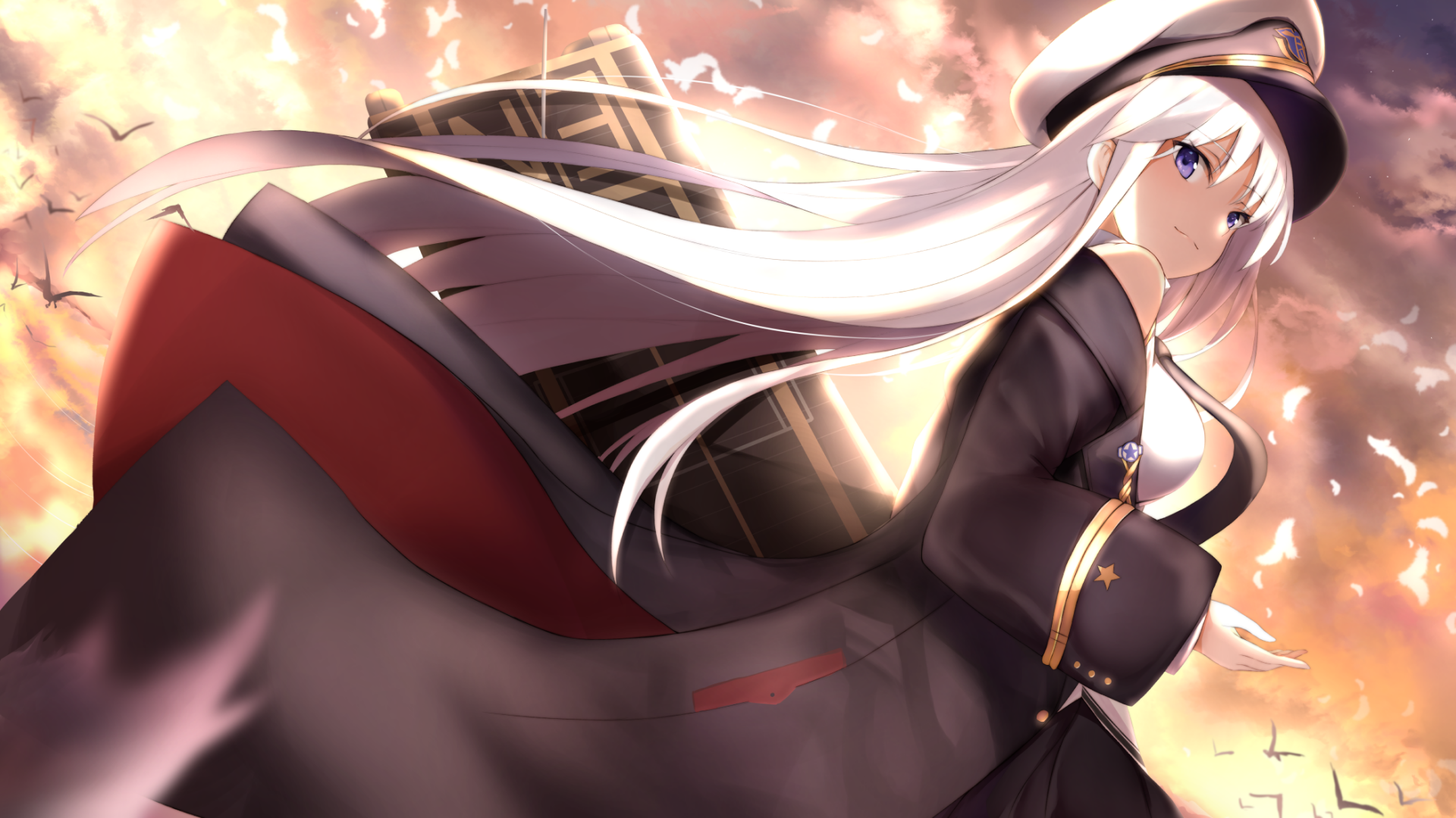 An HD desktop wallpaper featuring Enterprise from Azur Lane. The anime character has long white hair, blue eyes, and wears a dark uniform and hat, set against a sky with a warm gradient.