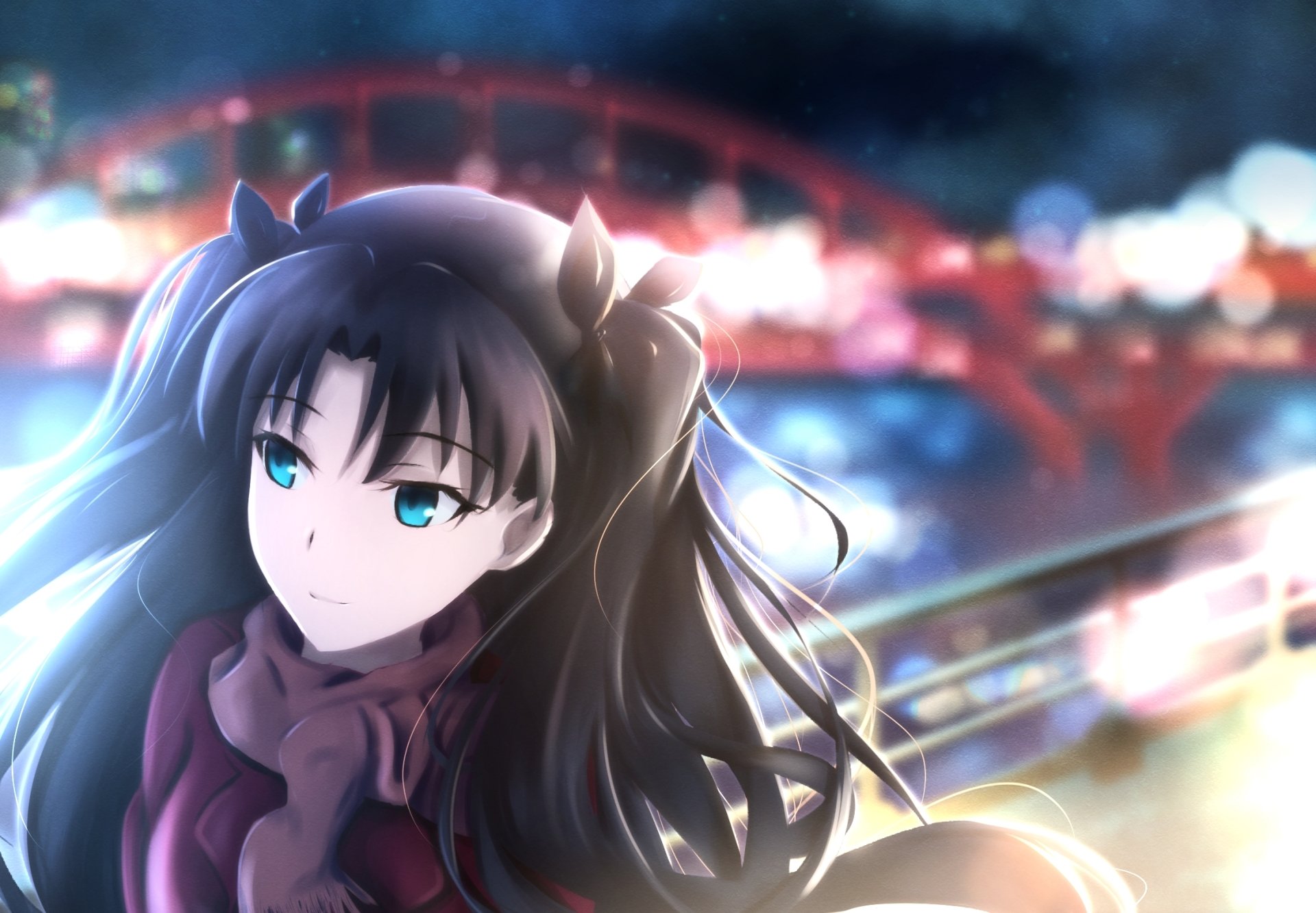 HD PC desktop wallpaper featuring Rin Tohsaka from the anime Fate/Stay Night with a blurred cityscape and glowing lights in the background.