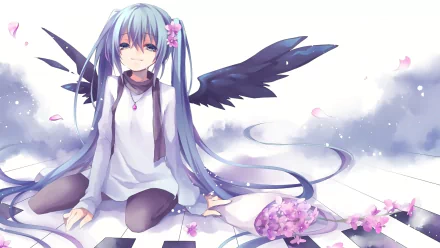 HD anime desktop wallpaper featuring Hatsune Miku from Vocaloid with long teal twin-tails, black wings, and cherry blossoms against a soft, cloudy background.