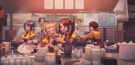 HD anime-style original artwork depicting cheerful characters in a lively café kitchen, designed as a vibrant PC desktop wallpaper background.