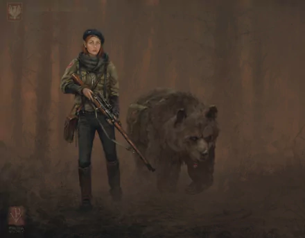 Artistic HD PC desktop wallpaper: a woman warrior sniper holding a sniper rifle walks through a misty forest with a large bear at her side.