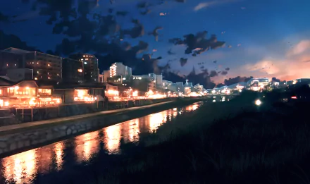 A serene town at evening, depicted in an anime style, with lights reflecting off a river. The sky is transitioning from day to night. HD desktop wallpaper and background.