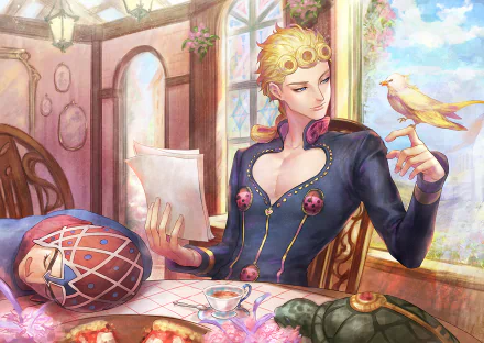 HD desktop wallpaper featuring Giorno Giovanna from JoJo's Bizarre Adventure: Golden Wind, with blonde hair, holding a bird in a serene room, reading at a table with a teacup and another character beside him.