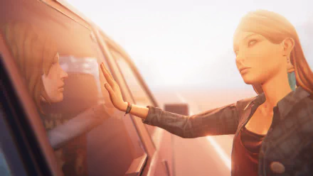 HD desktop wallpaper featuring Chloe Price and Rachel Amber from the video game Life Is Strange: Before The Storm, captured in a dreamlike, warm sunset scene.