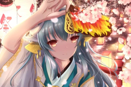 Close-up anime HD wallpaper of Kiyohime from Fate/Grand Order, featuring vibrant cherry blossoms and warm festival lanterns in the background.