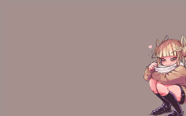 HD desktop wallpaper of Himiko Toga from My Hero Academia crouching on the right side against a plain background, with a small pink heart near her head.