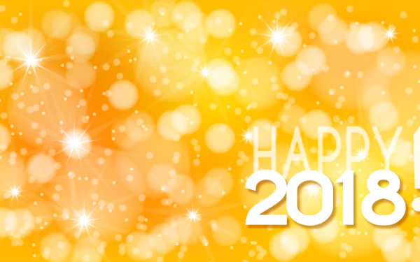Bright yellow bokeh background with sparkling lights and Happy 2018 text, designed as a 4K Ultra HD New Year holiday desktop wallpaper.