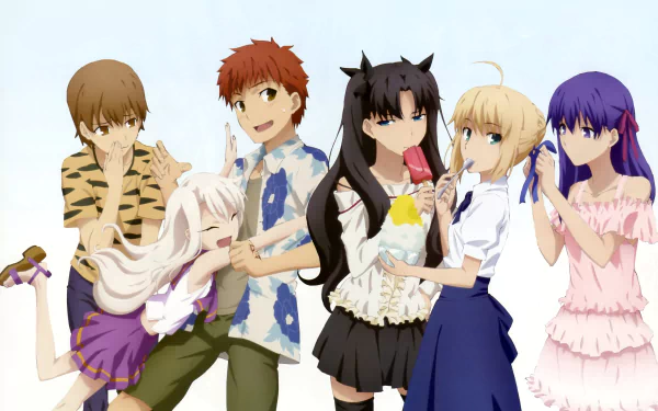 4K Ultra HD anime wallpaper featuring Rin Tohsaka, Saber, Shirou Emiya, Sakura Matou, and Illyasviel Von Einzbern from Fate/Stay Night: Unlimited Blade Works.