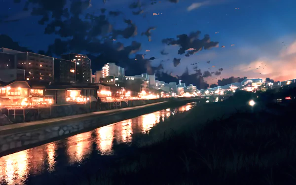 A serene town at evening, depicted in an anime style, with lights reflecting off a river. The sky is transitioning from day to night. HD desktop wallpaper and background.