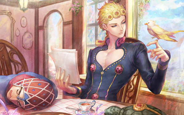 HD desktop wallpaper featuring Giorno Giovanna from JoJo's Bizarre Adventure: Golden Wind, with blonde hair, holding a bird in a serene room, reading at a table with a teacup and another character beside him.
