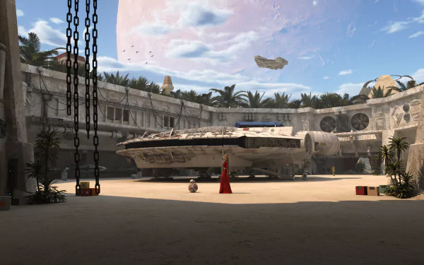 HD wallpaper of the Millennium Falcon from Star Wars in a sci-fi setting, parked in a desert-like hangar with a large planet in the sky and a few small figures nearby.