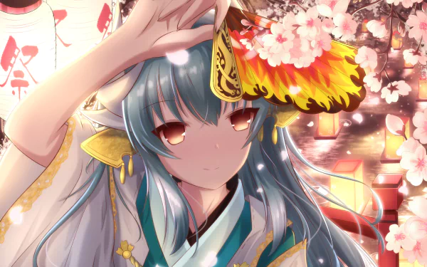 Close-up anime HD wallpaper of Kiyohime from Fate/Grand Order, featuring vibrant cherry blossoms and warm festival lanterns in the background.