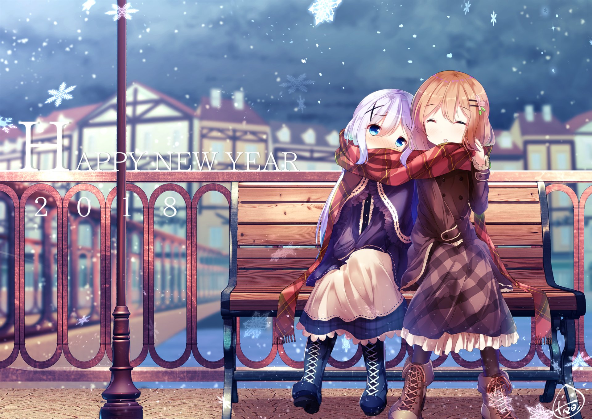 HD anime wallpaper featuring Chino Kafū and Cocoa Hoto from Is the Order a Rabbit sharing a cozy moment on a snowy bench with a festive New Year theme.