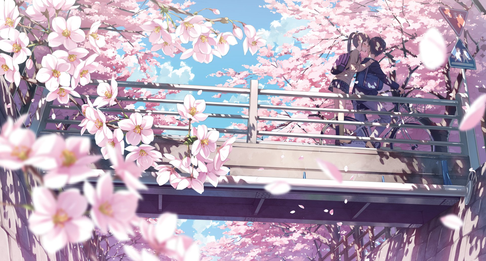Anime-style 4K Ultra HD PC desktop wallpaper featuring a serene scene of cherry blossoms in full bloom with two characters standing on a bridge under a bright blue sky.