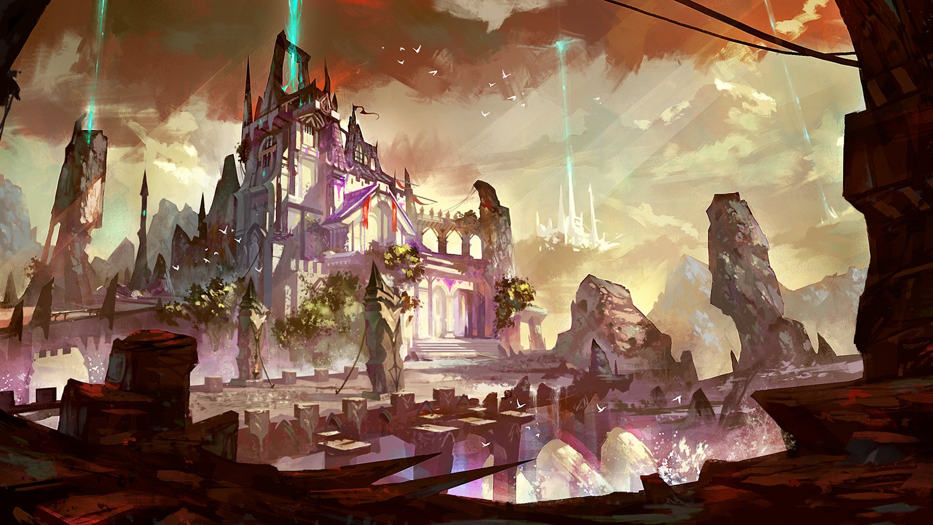 HD fantasy castle desktop wallpaper showing a luminous, crumbling fortress with glowing spires and bridges over jagged rocks beneath a storm-lit sky.