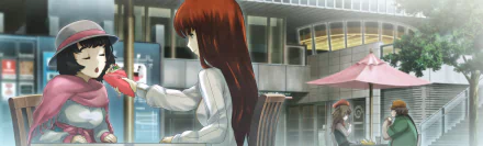 HD PC wallpaper of Steins;Gate: Mayuri Shiina, Kagari Shiina, Itaru Hashida and Yuki Amane in a city plaza, with a red‑haired girl seated at a café table in the foreground.