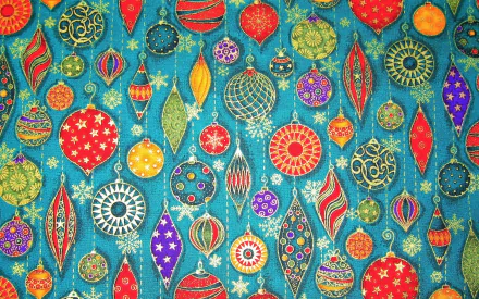 Colorful Christmas ornaments in red, gold, blue, and purple hang against a teal background, creating a festive holiday HD desktop wallpaper and background.
