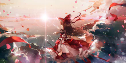 HD PC desktop wallpaper featuring Reimu Hakurei from the anime Touhou, surrounded by swirling red ribbons and floating autumn leaves against a glowing sky backdrop.