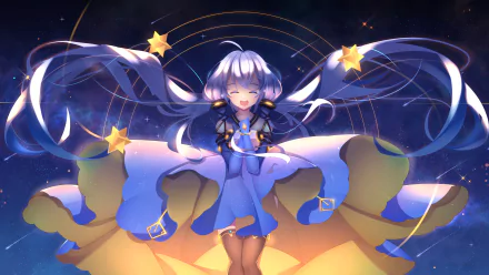 Stardust (Vocaloid) anime: blue‑haired Vocaloid with twin tails in a flowing dress, smiling amid stars and cosmic rings — 5K Ultra HD PC desktop wallpaper background.