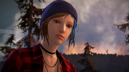 HD desktop wallpaper featuring Chloe Price with blue hair from the video game Life Is Strange: Before The Storm, set against a moody outdoor background at dusk.