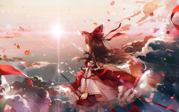 HD PC desktop wallpaper featuring Reimu Hakurei from the anime Touhou, surrounded by swirling red ribbons and floating autumn leaves against a glowing sky backdrop.