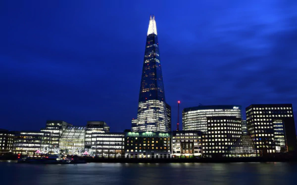 Night view of The Shard and surrounding illuminated buildings in London, United Kingdom, captured in a vibrant cityscape HD desktop wallpaper.