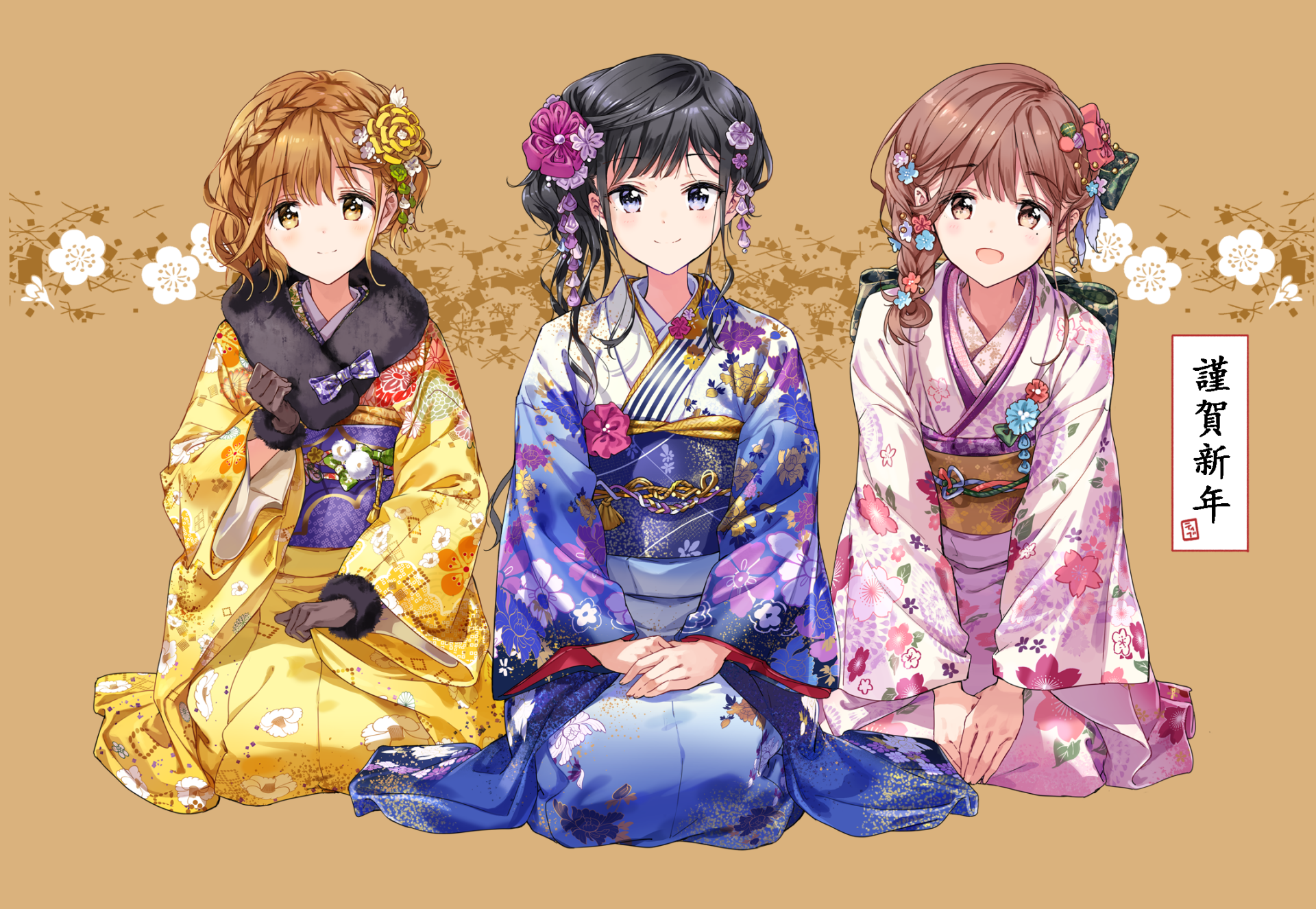 HD desktop wallpaper featuring Yoshino Koiwai, Neko Fujinomiya, and Aki Adagaki from the anime Masamune-kun's Revenge, beautifully dressed in traditional kimonos and sitting together against a floral background.