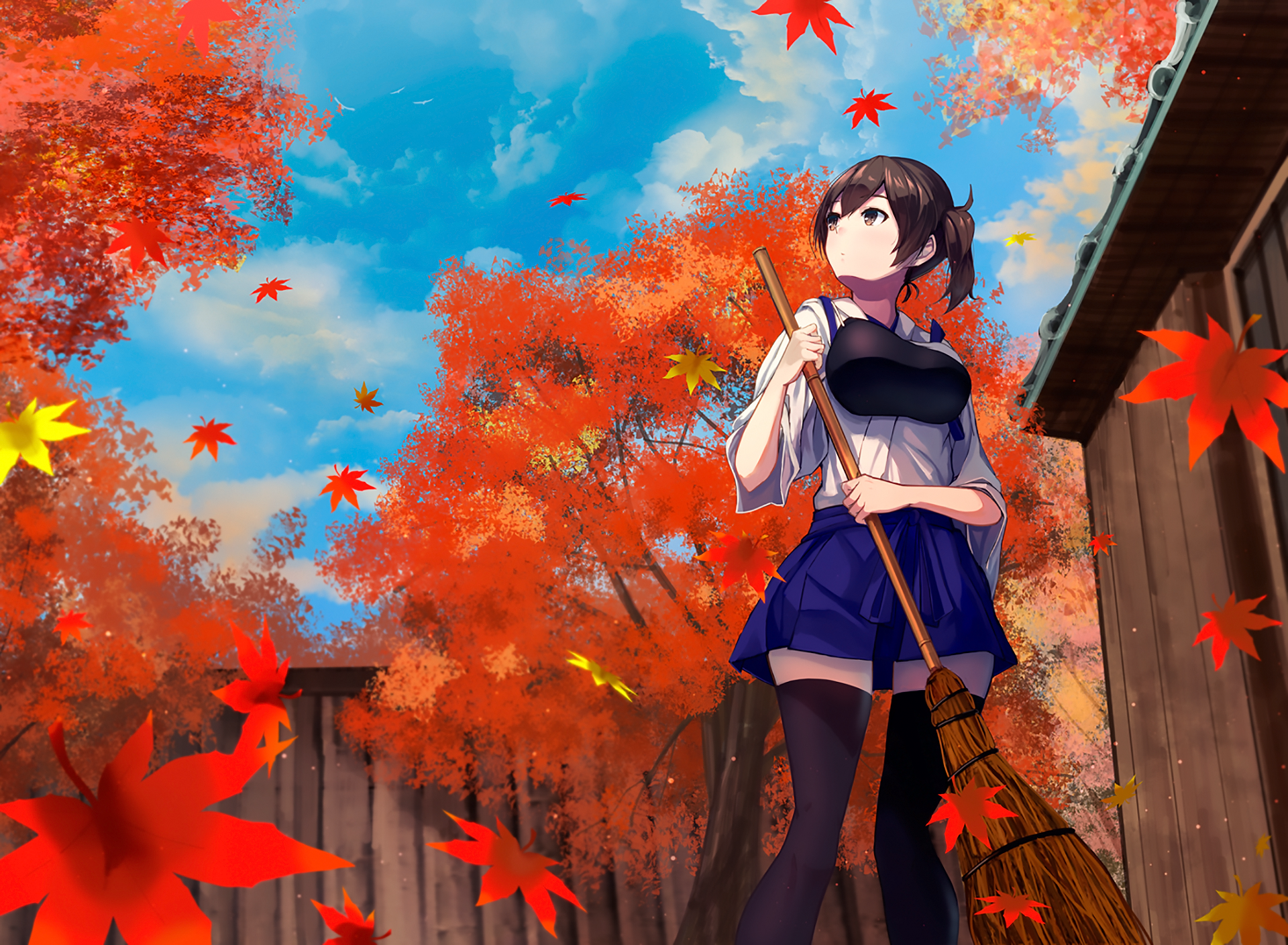 HD PC desktop wallpaper featuring Kaga from Kantai Collection (Kancolle) in an anime style, standing amidst vibrant autumn foliage with a broom in hand.