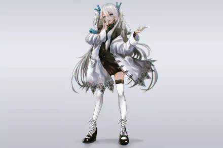 HD desktop wallpaper of an original anime character with white hair in twintails, dressed in a white coat, black dress, and thigh-high socks, striking a playful pose.