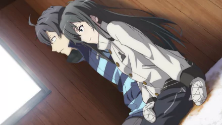 HD wallpaper and background featuring Hachiman Hikigaya and Yukino Yukinoshita from the anime My Teen Romantic Comedy SNAFU, sitting together in a wooden room.