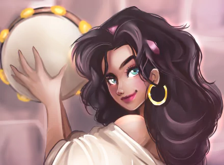 HD desktop wallpaper of Esmeralda from The Hunchback of Notre Dame, featuring her black hair, aquamarine eyes, and a warm smile as she plays a tambourine.
