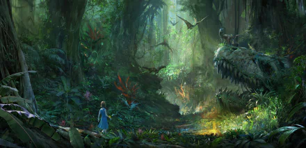 HD desktop wallpaper featuring a scene from ARK Park video game with a child exploring a dense, mystical jungle populated by dinosaurs.