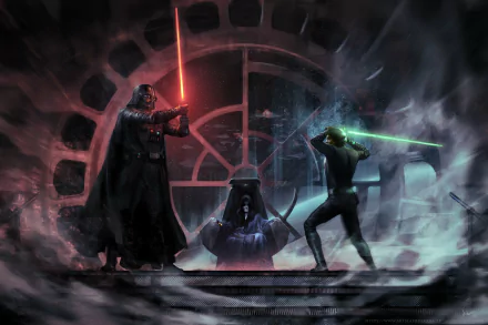 An epic scene from Star Wars Episode VI: Return of the Jedi with Darth Vader, Luke Skywalker wielding lightsabers, and Emperor Palpatine in the background. A high-definition desktop wallpaper.