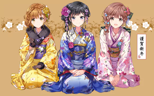 HD desktop wallpaper featuring Yoshino Koiwai, Neko Fujinomiya, and Aki Adagaki from the anime Masamune-kun's Revenge, beautifully dressed in traditional kimonos and sitting together against a floral background.